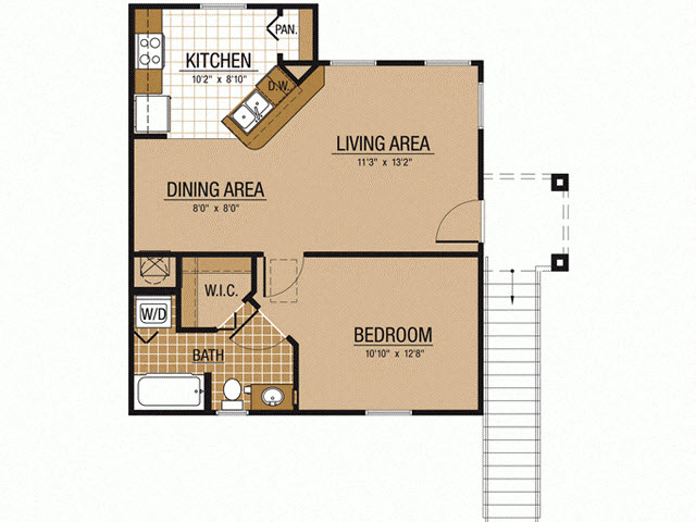 Floor plan for 1 bed, 1 bath, 678 sqft